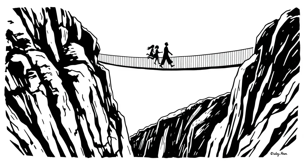 Famille sur passerelle aérienne au-dessus des gorges